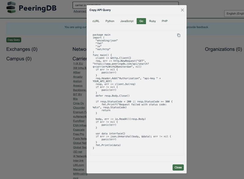 Click get get the API query for a search in your copy buffer. Multiple languages supported