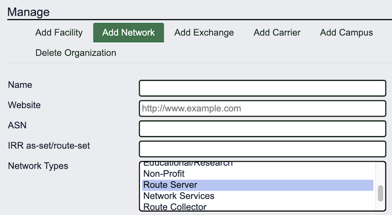 Network Types selector