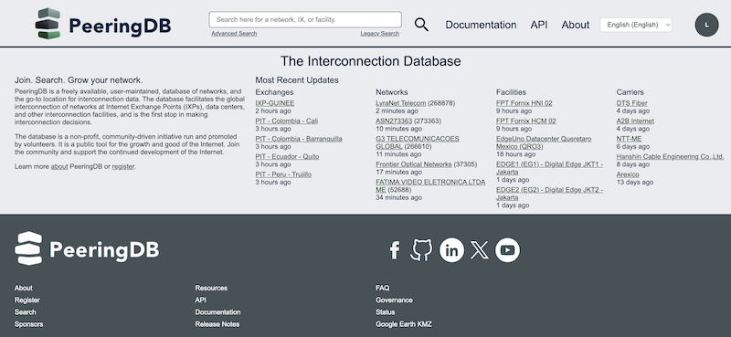 The new PeeringDB front page – before refinements are applied