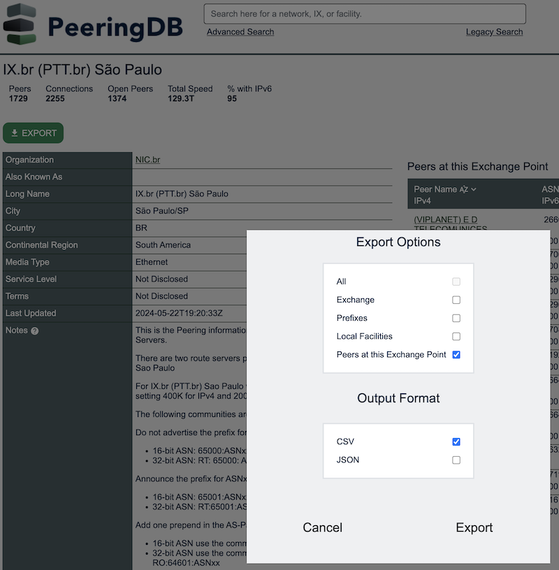 Exporting 1709 peers in CSV