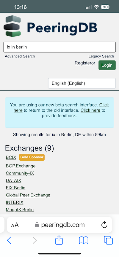 Search for an IXP in Berlin on mobile