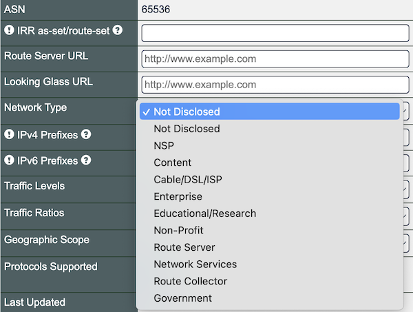 Network Types menu