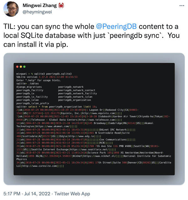 Tweet about syncing PeeringDB to a local database