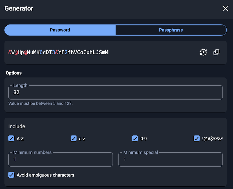 Example of a random password and passphrase generator